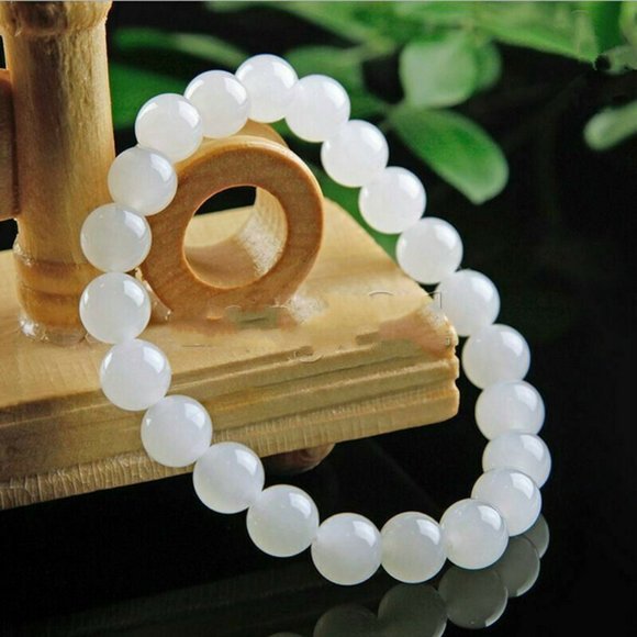 Natural 8mm White Jade Round Gemstone Beads Stretch Bracelet 7.5'' Women's - Picture 2 of 3